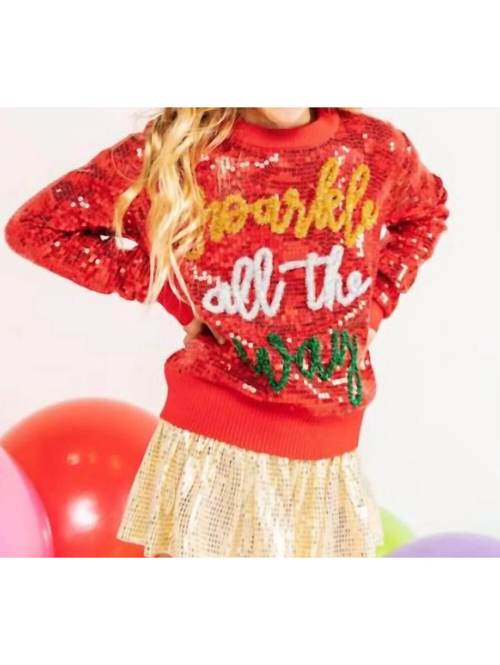 QUEEN OF SPARKLES SPARKLE ALL THE WAY RED SEQUIN SWEATER - GIRLS KIDS XXL NEW